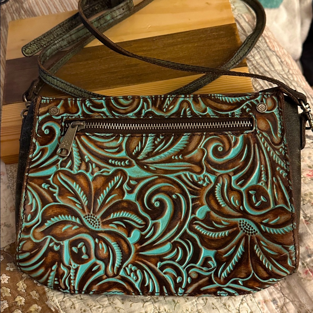 Patricia Nash Brown and Blue Floral Embossed Clutch Crossbody (C)